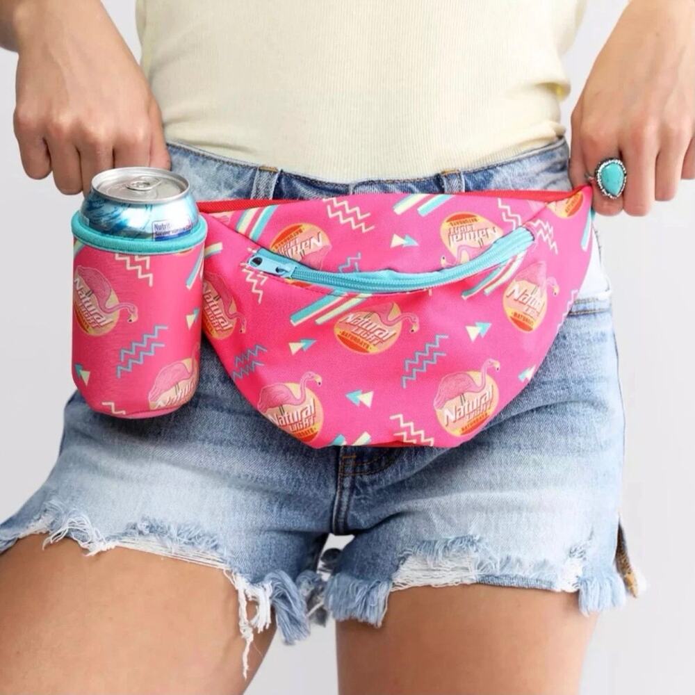 TIPSY ELVES PINK NATURAL LIGHT FANNY PACK BELT BAG WITH DRINK HOLDER - NWT